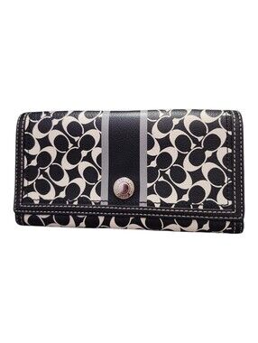 Coach Signature Black & Ivory Wallet with Center Stripe